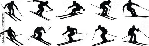 Silhouettes of skiers performing downhill skiing, winter sports vector, ski slope illustration, snow activity graphic, extreme outdoor adventure, professional skiing design