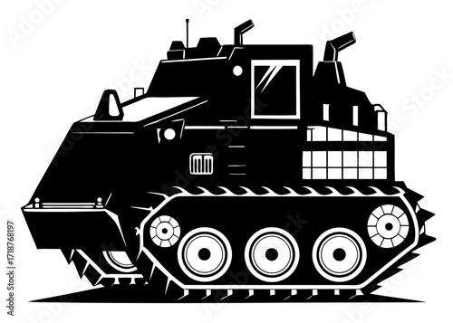 Armored bulldozer black vector silhouette on white background