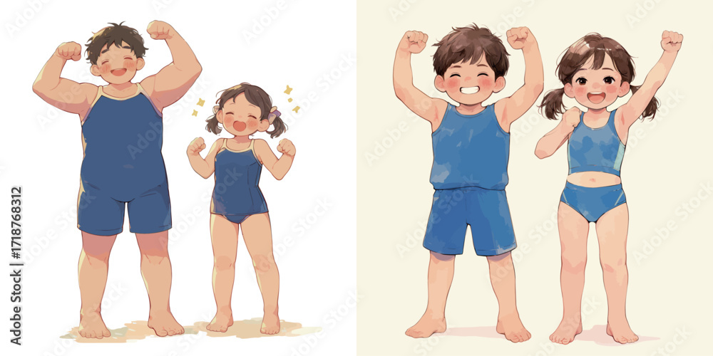 Obraz premium Two siblings show off their strength and happiness at the pool after their fitness journey. Their smiles and playful poses capture a moment of confidence and fun.