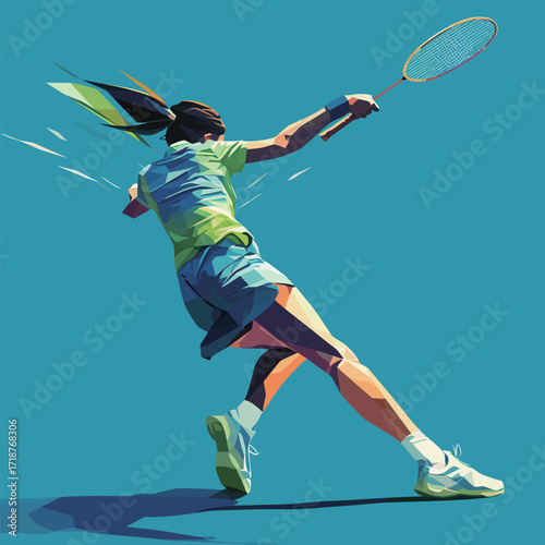 A skilled badminton player demonstrates incredible focus and athleticism while making a powerful stroke. The bright background emphasizes the energy of the moment.