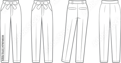 High waist trousers with bow belt, front back side technical flat sketch, women’s stylish pants design, fashion apparel template illustration