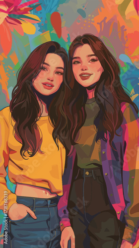 Two young women stand side by side, wearing bright clothes and smiling at the camera. A lively and colorful backdrop adds energy to the scene.