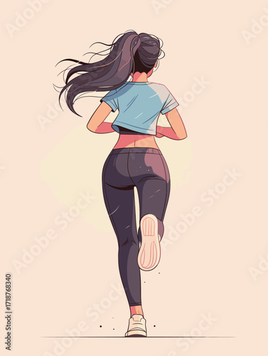 A young woman jogs away, dressed in a short-sleeved top and leggings, showing her dedication to fitness and health while enjoying outdoor exercise.