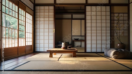 Japanese traditional living room with tatami mats, sliding shoji doors, and low furniture, 3D rendering