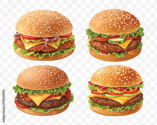 realistic tasty beef burger set in different style isolated on transparent background