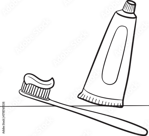 Minimalist Black and White Line Drawing of Toothbrush and Toothpaste Tube Illustration