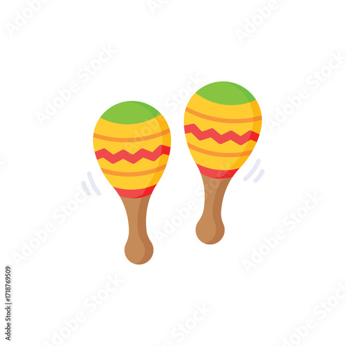Two maracas one has green top one has yellow top both are decorated with red zigzags and orange stripes. Icon vector illustration