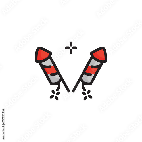 Two redgray firecrackers angled toward each other with sparking and a black plus symbol between them. Icon vector illustration