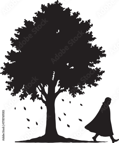 Mysterious figure in a cloak walking past a solitary tree evoking vintage solitude rendered as a silhouette isolated on white background