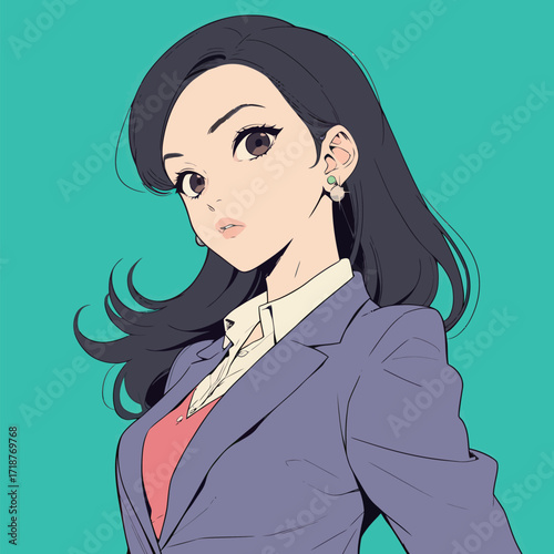 A confident woman stands with her hands on her hips, wearing a business suit. She has long hair and a sophisticated expression, showcasing her professionalism.
