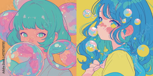 Two animated girls enjoy a sunny day. One girl with teal hair blows large bubbles, while the other girl with blue hair admires the bubbles floating around her.