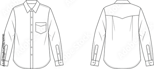 Long sleeve western shirt design, button up shirt front and back view, formal fashion shirt mockup, clothing vector template illustration