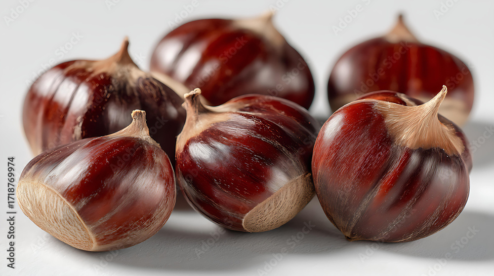Obraz premium Macro Close-Up of Shiny Brown Autumn Organic Chestnuts: Woodland Harvest Nuts, Healthy Gourmet Snack, Ingredient or Dessert
