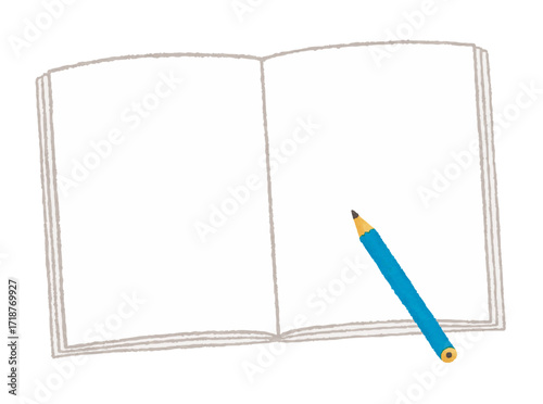 無地の見開きノートと鉛筆（勉強・学習・自由帳・教育素材）　Open Plain Notebook with Pencil (Study, Learning, Sketch, Education Material)
