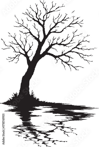 Silhouette of a solitary tree with puddles reflecting at its base evoking a vintage atmosphere isolated on white background