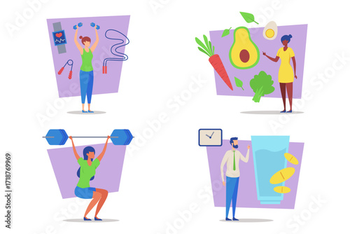 Set of various people engaging in fitness and healthy eating. Two people lifting weights, while two others exploring nutritious foods and hydration