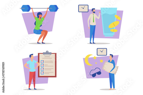 Four different activities related to health. Exercises, hydration, planning, and restful sleep. Healthy habits concept