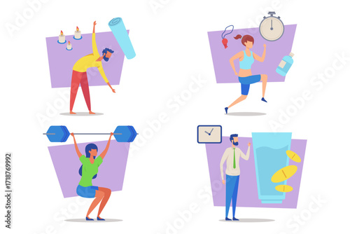 Four fitness activities including stretching, running, weightlifting, and hydration. Each person focused on their exercise routine and health