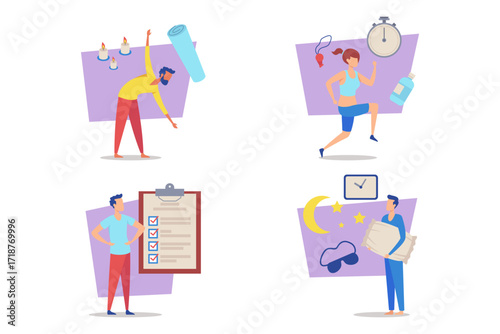 Collection of illustrations with various fitness and wellness activities. Stretching, running, organization, and relaxation techniques. Balanced lifestyle concept