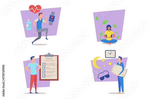 Collection of activities for maintaining health and wellness. Exercise, mindfulness meditation, organization, and restful sleep strategies. Balanced lifestyle concept