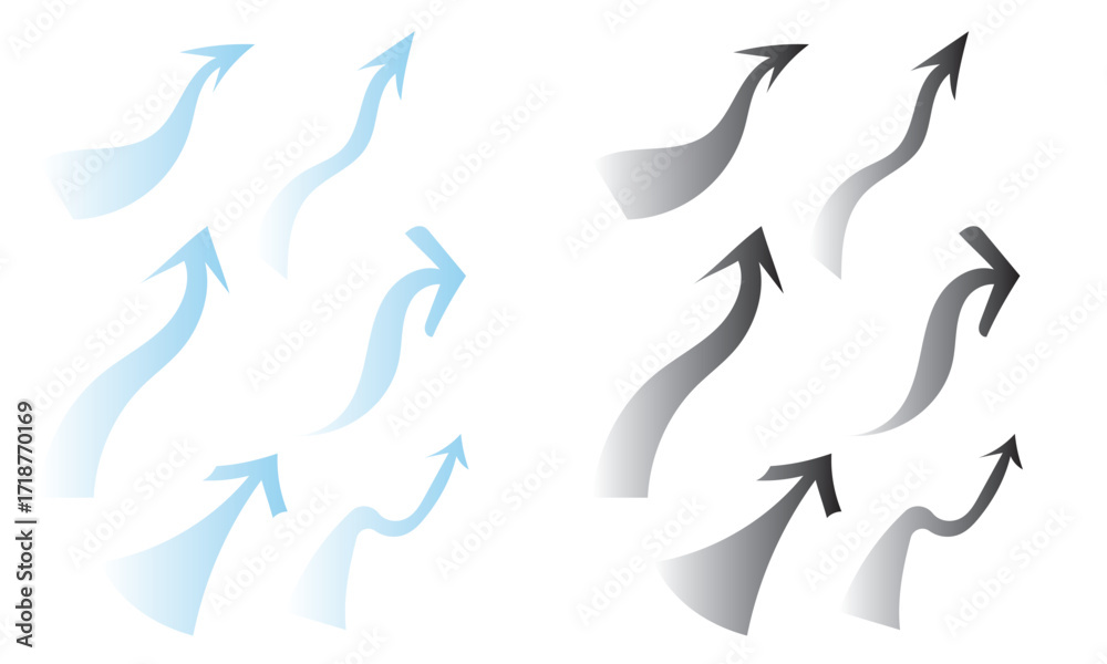 Wind direction site analysis symbols for site planning. Blue and black arrow symbols illustrating wind direction and airflow patterns, commonly used in site analysis, planning.