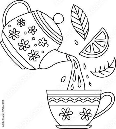 A black and white line art illustration of a teatime scene. The central focus is a decorative teapot with a long spout pouring steaming liquid into a matching teacup. The teapot features floral patter