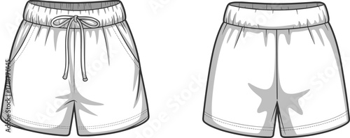 Men’s casual shorts with drawstring waist, front back technical flat sketch, stylish summer wear design, comfortable fashion apparel template illustration