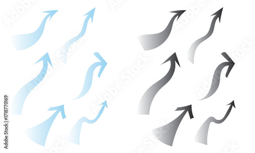 Wind direction site analysis symbols for site planning.  Blue and black arrow symbols illustrating wind direction and airflow patterns, commonly used in site analysis, planning.