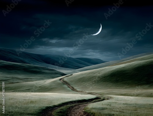 A winding dirt road stretches through green hills toward a crescent moon in the dark night sky above.