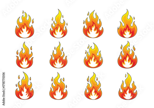 Vector illustration of illustration of set of twelve cartoon fire icons