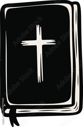 Minimalist Black Bible Illustration with White Cross Symbol on Cover