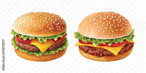 realistic tasty beef burger set in different style isolated on transparent background