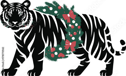 Christmas tiger with wreath silhouette vector