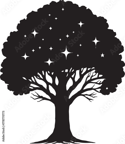 Silhouette of a majestic tree with a cosmic canopy filled with twinkling stars evoking a vintage celestial atmosphere isolated on white background