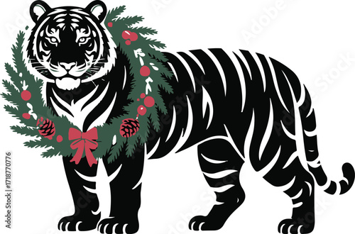 Christmas tiger with wreath silhouette vector