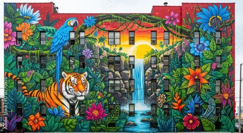 Fototapeta Naklejka Na Ścianę i Meble -  Vibrant Jungle Mural Adorning a City Building with a Tiger, Macaw, Waterfall, and Exotic Flowers Under a Bright Sunset Sky