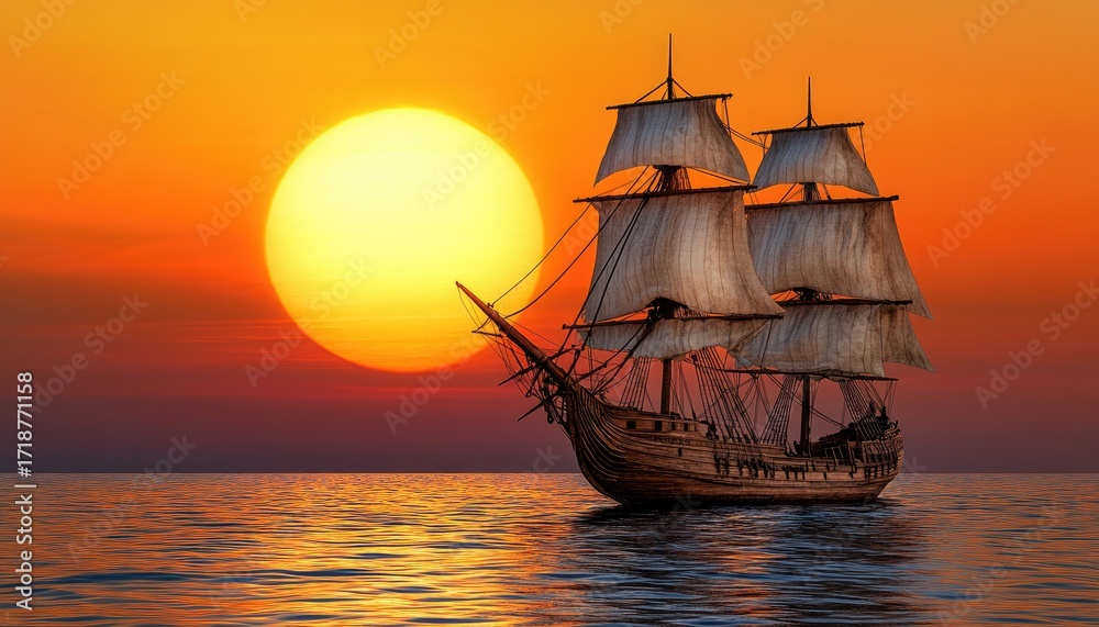Obraz premium Sailing Ship at Sunset: Dramatic Ocean Scene with Sails.