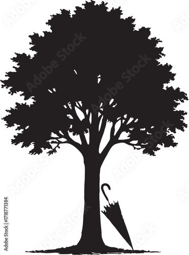 Retro silhouette of a solitary tree with an umbrella leaning against its trunk isolated on a white background evoking a sense of nostalgia and quiet contemplation isolated on white background