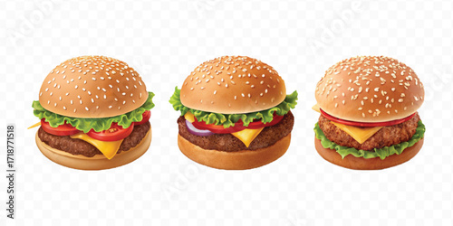 realistic tasty beef burger set in different style isolated on transparent background