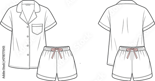 Short sleeve pajama set, button up shirt with pocket, matching shorts with bow tie, sleepwear fashion illustration, nightwear clothing design