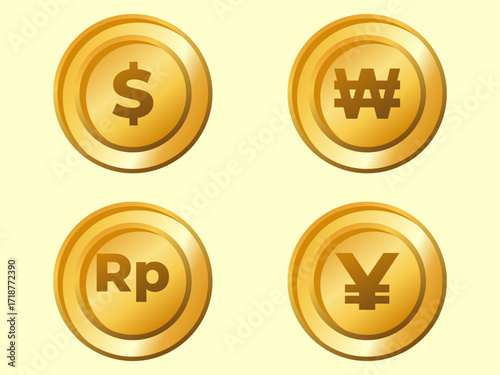 Golden Currency Coin Icons with Dollar Yen and Rupiah Symbols