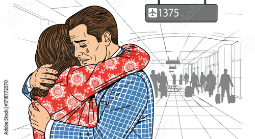 Emotional goodbye between couple at airport departure gate illustration airport farewell couple crying sad embrace travel popart comic