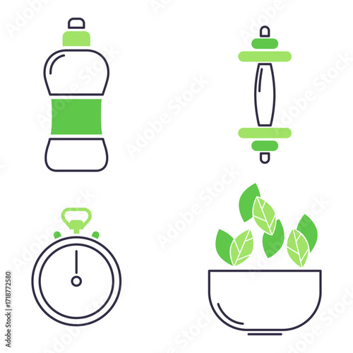 Collection of health-themed icons showing water bottle, dumbbell, stopwatch, and bowl with fresh leaves. Fitness and wellness, active and healthy life concept
