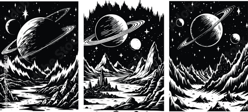 Explore a stunning space landscape with planets and stars in this black and white panorama, perfect for imaginative projects and science themes today
