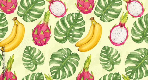 Seamless pattern of bananas dragon fruit monstera leaves