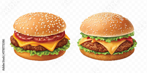 realistic tasty beef burger set in different style isolated on transparent background
