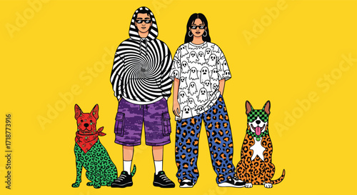 Vibrant cartoon street style couple and patterned dogs fashion urban youth graphic pop modern colorful