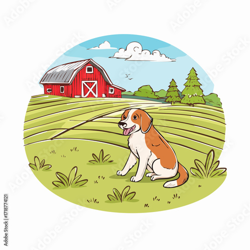 Charming Farm Scene Featuring a Happy Dog in a Lush Green Field with a Red Barn in the Background, Illustrating Rural Life and Animal Companionship