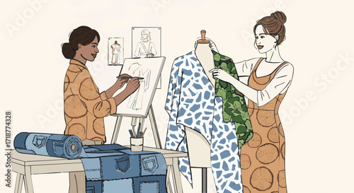 Professional female fashion designers creating new clothing designs design fashion studio textile illustration women atelier