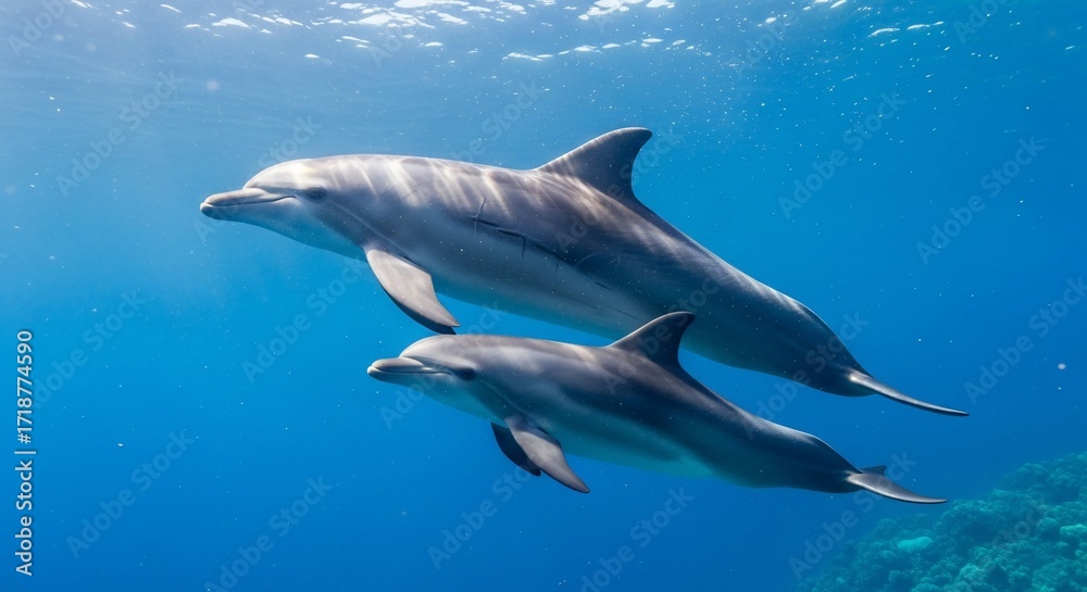Naklejka premium Dolphin pair swim together in ocean habitat under sunlight